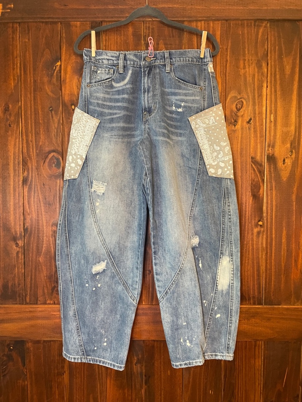 Oh Barrel Jeans Blue Denim Midrise Waist Distressed with Bandanna Details SzM